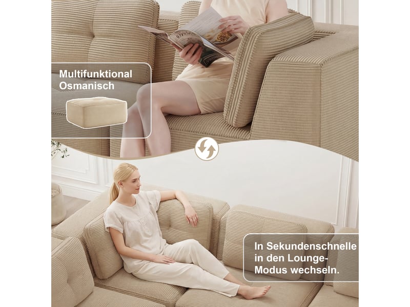Canapé d'angle modulable 2 places en velours côtelé beige, sans montage, assise profonde, design sans cadre - Conforama R