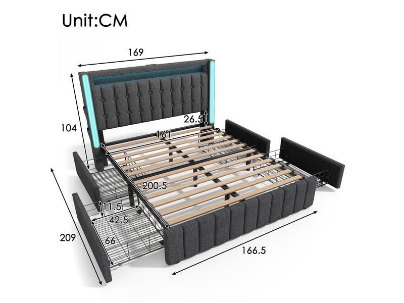  Lit double 160×200 cm, 4 tiroirs, ports usb et usb-c, led réglable - okmyhome- gris, matelas inclus  - Conforama D