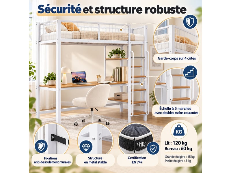 Lit mezzanine enfant 90 x 200 cm en métal avec bureau, étagères, échelle 5 marches et garde-corps, blanc et naturel  - Conforama E