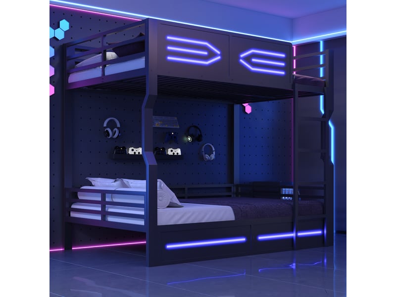 Lit superposé 2 places 140x200 cm avec led - lit adolescent - barrière de sécurité - cadre métal noir - Conforama E