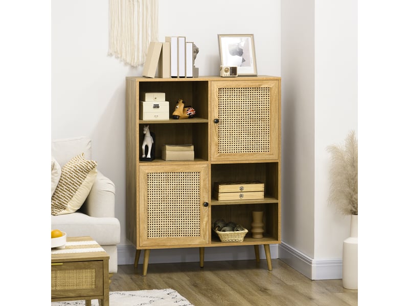 Buffet meuble de rangement armoire haut aspect bois et cannage dim. 90l x 32,5l x 120h cm - design 2 portes - Conforama D