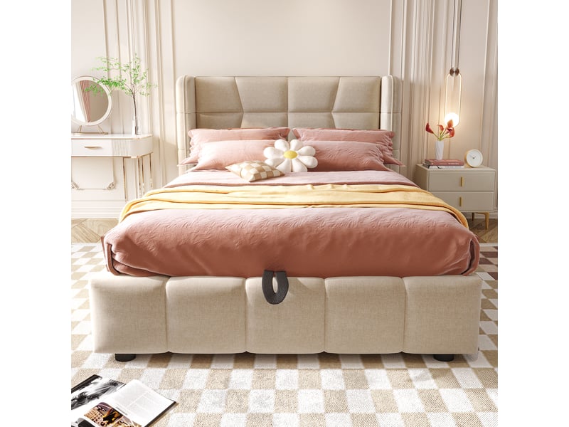  Lit rembourré, lit enfant 90x200 cm, rangement hydraulique, lin beige, sommier à lattes  - Conforama D
