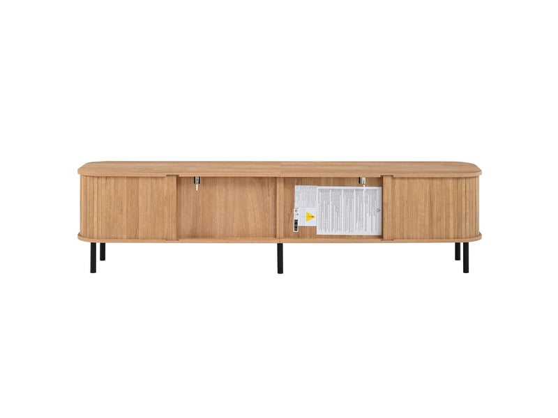  Meuble tv bas led, 2 portes coulissantes et 2 tiroirs, mdf et panneaux de particules, 180 × 40 × 44,5 cm, bois naturel  - Conforama A