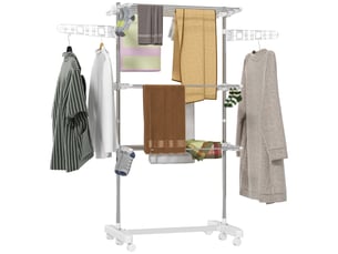Étendoir à linge mobile, 3 niveaux, pliable, argent et blanc