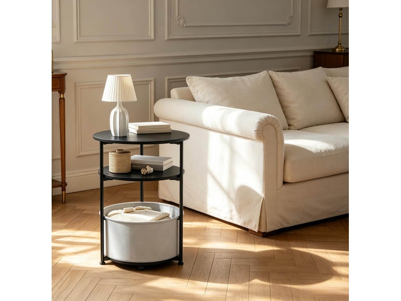 Table d'appoint ronde 43x43x56 cm avec panier de rangement, noire  - Conforama C