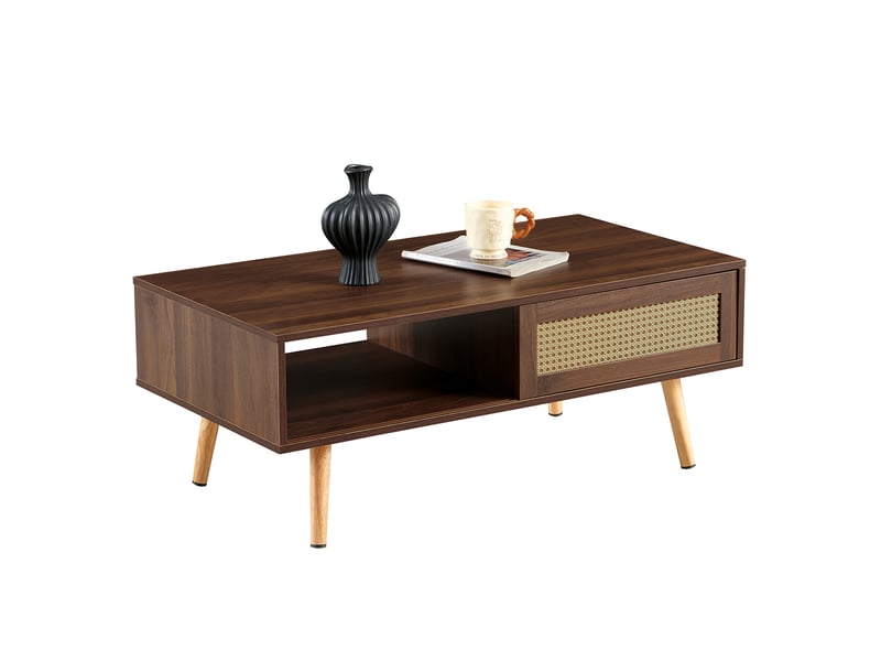 Table basse avec porte coulissante et rangement - lpospi - pieds en bois massif, mdf effet rotin marron - Conforama A