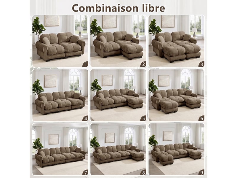 Canapé d'angle 3 places avec ottomane mobile incluse 260 x 149 x 90 cm - capitonné marron - Conforama D
