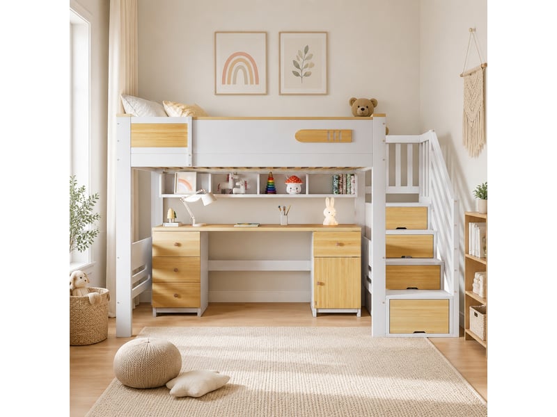 Lit mezzanine 90x200 cm blanc bois naturel, avec bureau, tiroirs, escalier de rangement et étagère murale, sans matelas - Conforama B