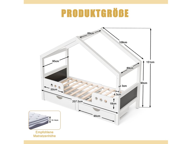  Lit cabane enfant 90x200 cm avec 2 grands tiroirs, sommier à lattes, finition vernis uv, cadre en mdf, blanc  - Conforama C