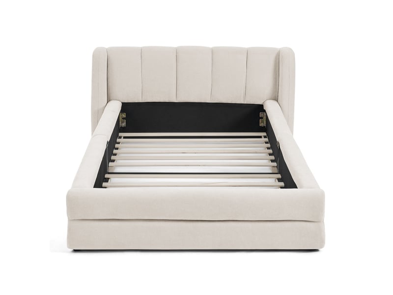  Lit simple 90x200cm confortable dossier capitonné anti-boulochage soutien renforcé mousse chenille beige sans matelas  - Conforama A