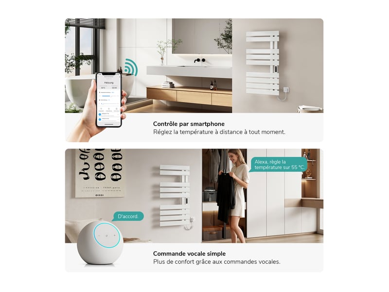  Sèche-serviettes électrique intelligent emke 1000 x 500 mm 320w, radiateur salle de bain connecté wifi, blanc  - Conforama C