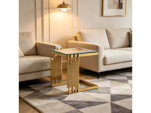 Ensemble de 2 tables d'appoint carrées modernes en verre trempé clair, pieds dorés en inox - salon, chambre, balcon