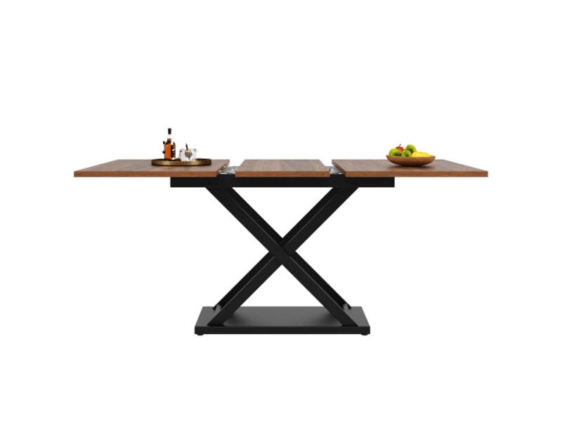 Table à manger extensible 120-160 x 80 cm, avec pieds en fer noir entrecroisés, couleur noyer - Conforama A