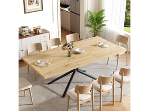 Table à manger extensible 120-160x90x75cm pour 4 à 6 personnes, plateau rectangulaire, pied étoile en métal et patins réglables, mdf, chêne clair