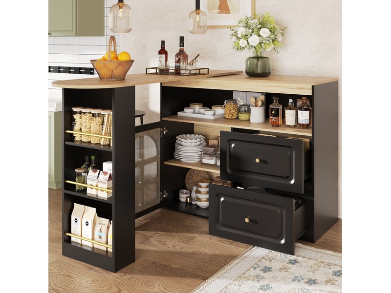  Desserte extensible pivotante à 360° 138-204 cm, 2 tiroirs et étagères, noire  - Conforama B