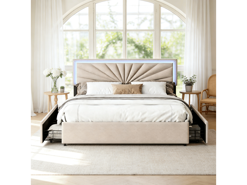  Cadre de lit adulte 160x200 cm avec tête de lit led réglable et 4 tiroirs - sommier à lattes, lin beige, structure renforcée 300 kg  - Conforama C