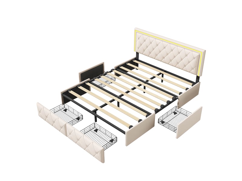  Lit adulte 140 x 200 avec sommier - 4 tiroirs de rangement - éclairage led d'ambiance - pu - beige  - Conforama A