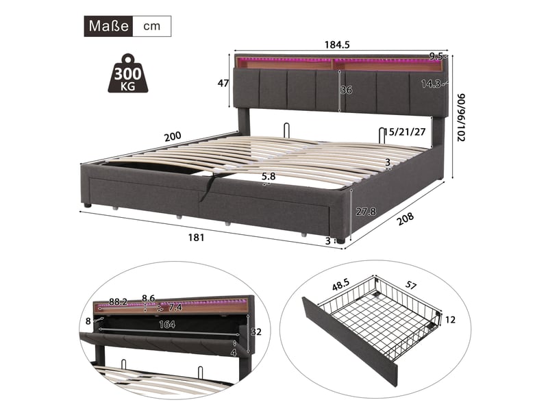 Lit rembourré 180x200 cm avec coffre de rangement hydraulique, tiroirs et compartiments de rangement, revêtement en lin gris, sans matelas - Conforama C