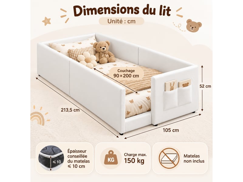  Lit enfant rembourré 90 x 200 cm avec sommier à lattes, côtés matelassés, lit d'appoint pour chambre, blanc  - Conforama C