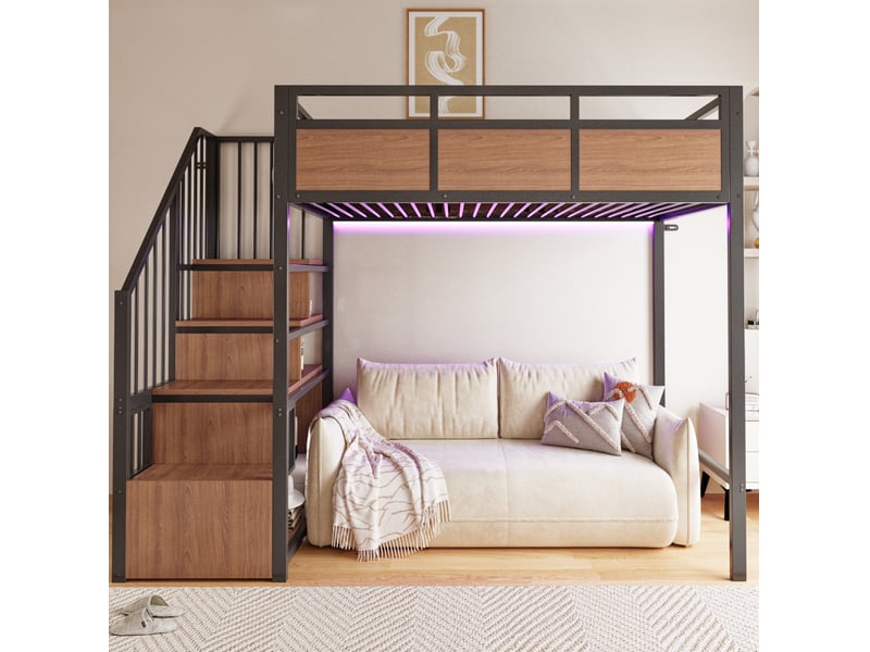  Lit mezzanine 90x200 cm avec échelle de rangement réversible et led, métal, mdf, structure en bois, noir, sans matelas  - Conforama E