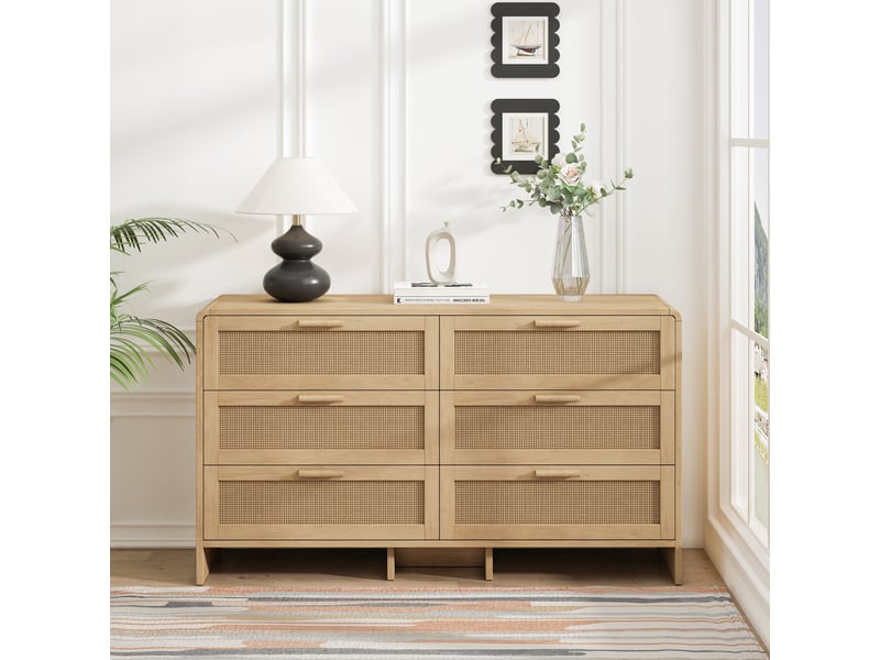  Commode avec 6 tiroirs en rotin, angles arrondis, pour salon, chambre ou cuisine, en panneaux de particules  - Conforama C