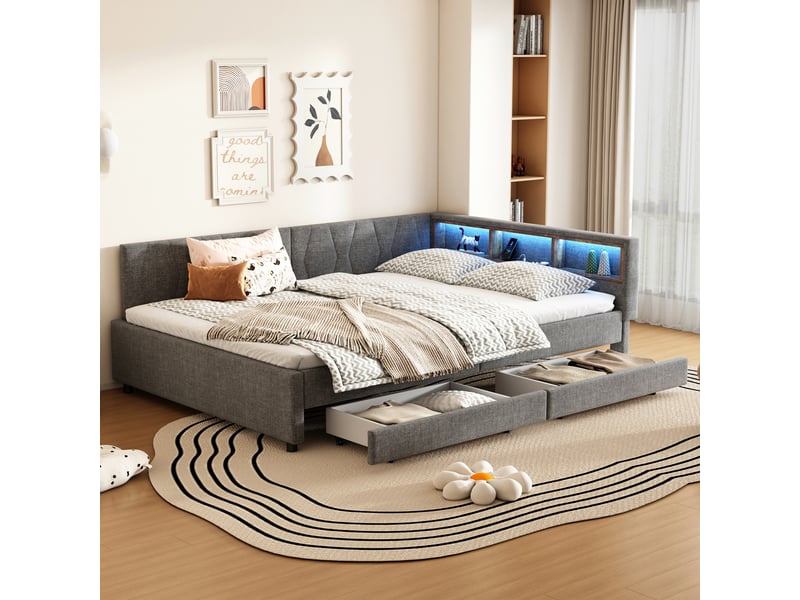 Lit en lin et mdf gris 145x210 cm - Conforama D