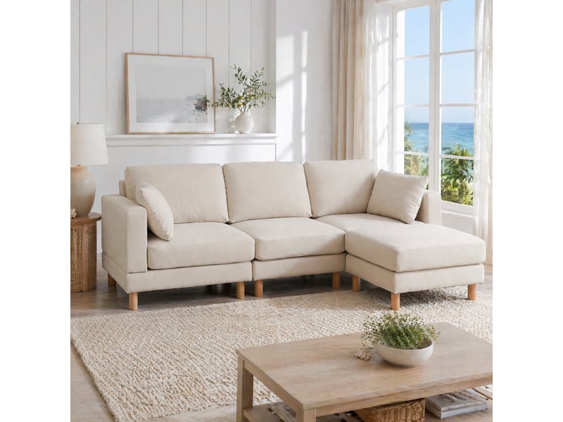 Canapé d’angle 3 places avec pouf réversible beige en polyester 235 x 152 x 82 cm - Conforama D