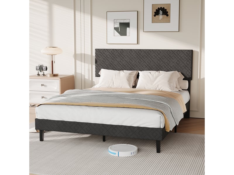  Cadre de lit 140x200 avec sommier à lattes, tête de lit capitonné réglable, lit rembourré style moderne, gris tissu effet lin, pour adulte et adolescent, sans matelas  - Conforama C