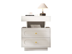 Table de chevet avec led, 2 tiroirs et rangement ouvert, blanc, 50×40×60 cm