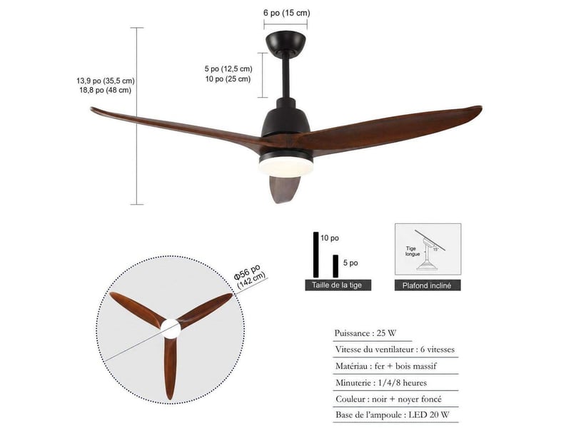  Ventilateur de plafond 56 pouces de hyundai, avec éclairage et télécommande, trois pales en bois massif, 3cct, ventilateur réversible à six vitesses, fonction mémoire, idéal pour la décoration intérieure  - Conforama B