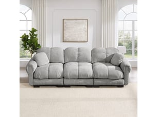 Canapé 3 places en chenille gris clair avec design matelassé et 2 coussins décoratifs