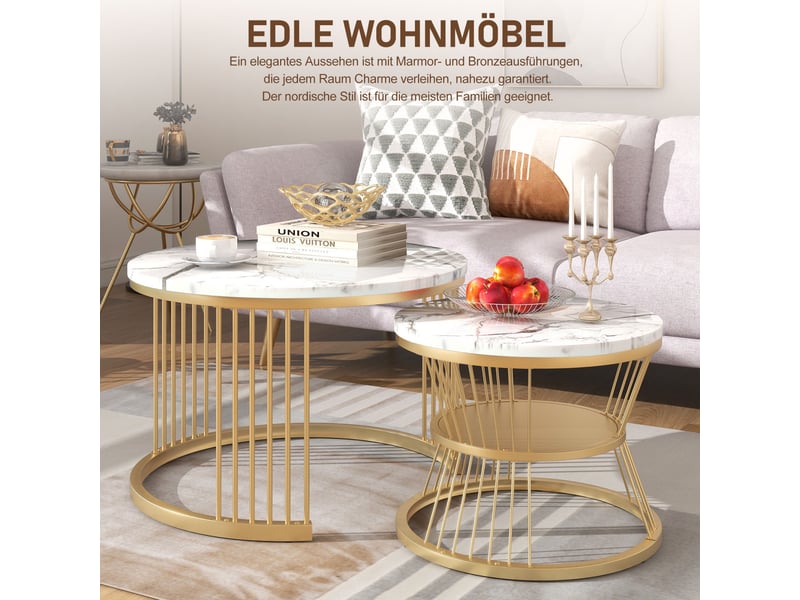 Lot de 2 tables basses gigognes ronde – 70 x 70 x 45.5 cm – double niveau & pieds métal – marbre- blanc et doré - Conforama E