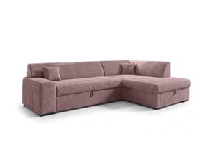 Canapé d'angle droit convertible <strong>AX LIVING </strong> <strong>Lucera</strong> 4 places Velours côtelé rose avec coffre de rangement