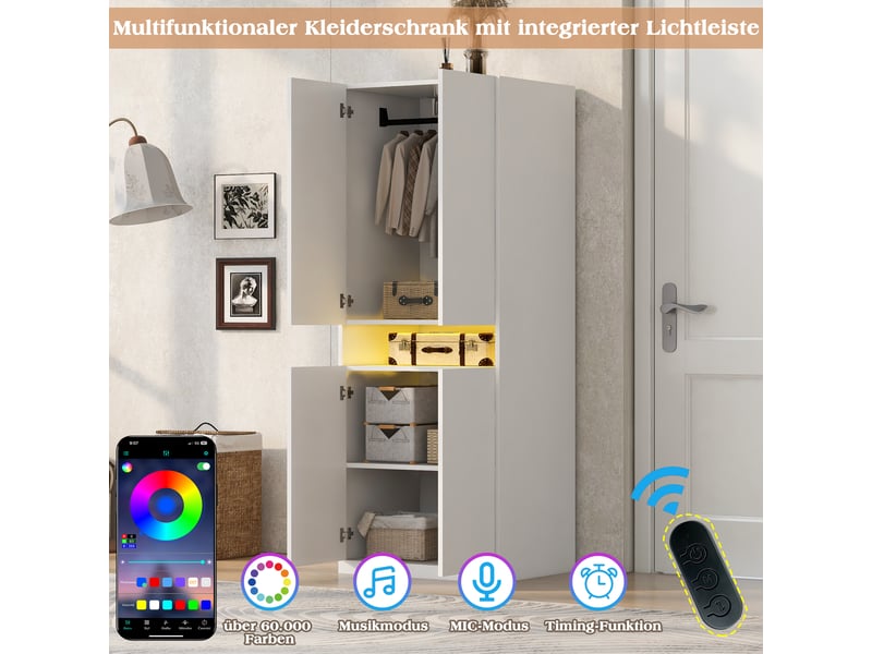  Armoire,70x55x180 cm,2 portes avec led et penderie,mdf,blanche  - Conforama E