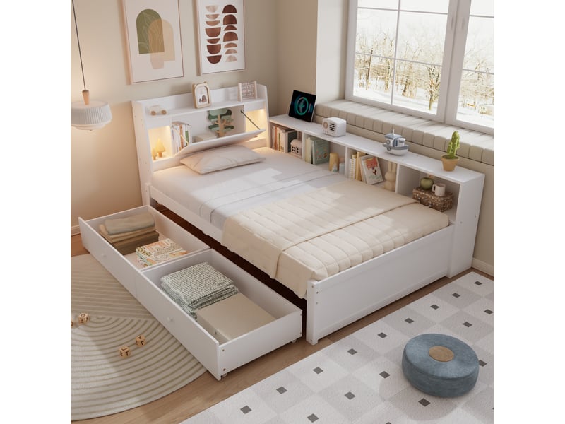  Lit avec rangement 90x200cm coloris blanc pin et mdf lit enfant blanc - Conforama B
