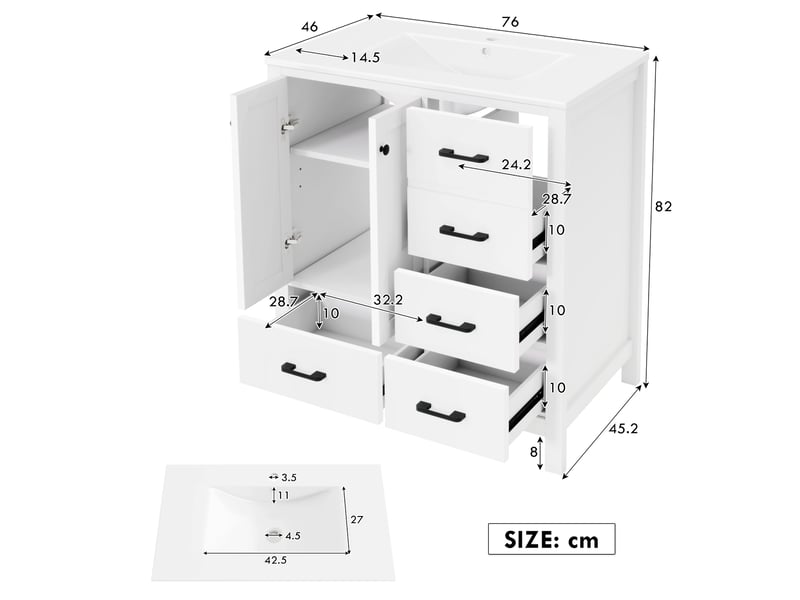 Meuble vasque salle de bain blanc 76 cm avec lavabo céramique intégré, tiroirs et étagères réglables - Conforama C