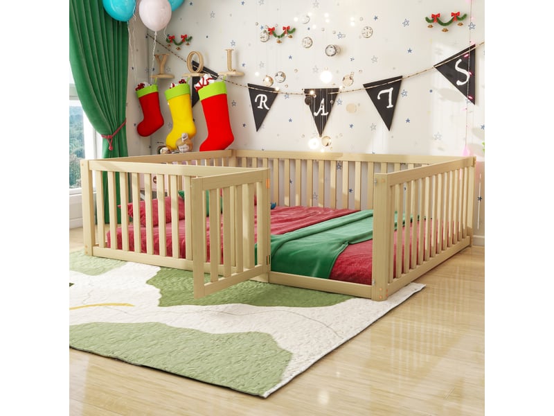 Lit évolutif enfant en bois avec barrières et porte, bois naturel, 140x200cm, cadre sécurisé et design moderne - Conforama B