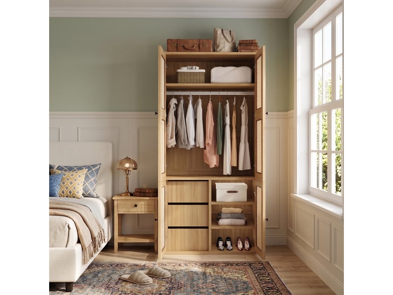 Armoire penderie 90 x 47 x 200 cm, portes en cannage rotin, 1 tringle, 3 tiroirs et 4 compartiments de rangement, mdf, naturel OMNIGLINT TRADING LTD - Conforama C
