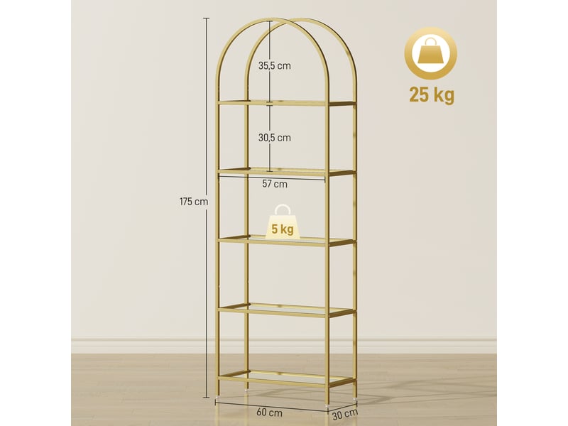  Bibliothèque étagère de rangement en verre à 5 niveaux arqué pour salon, bureau, chambre, 60 x 30 x 175 cm, doré  - Conforama E