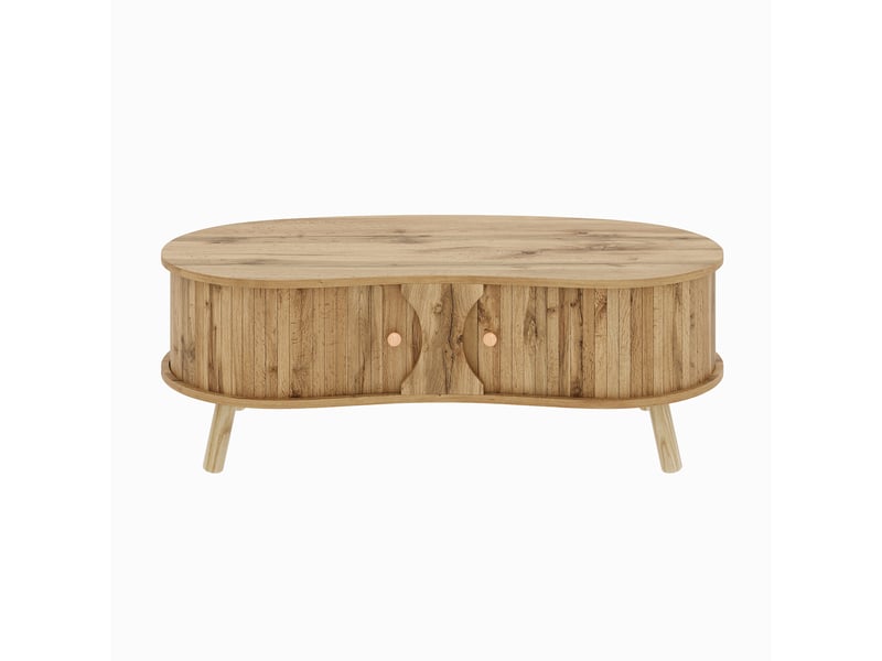 Table basse 108x50x37 cm avec 2 portes coulissantes et rangement, design galet rainuré, pieds en bois massif, mdf, naturel evarich - Conforama A
