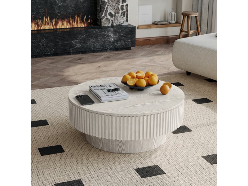 Table basse ronde avec rangement caché pour salon en bois massif et mdf 82×82×25 cm blanc rétro - Conforama C