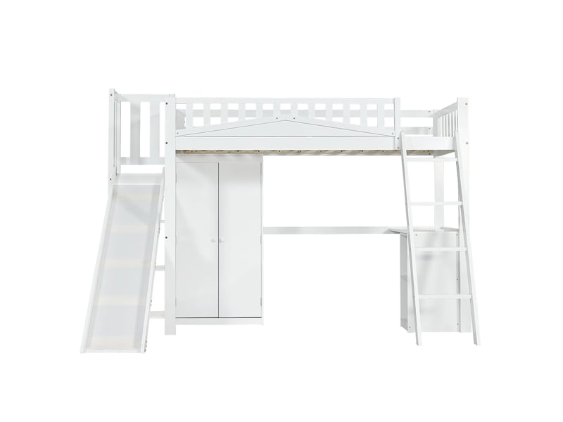 Lit superposé enfant 90x200, toboggan intégré, bureau + penderie, pin mdf blanc - Conforama E