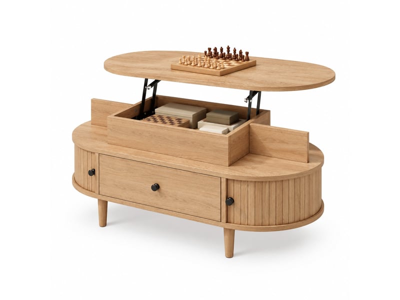 Table basse relevable ovale avec tiroir, 2 portes coulissantes et 2 niches pour salon en mdf 105×50×60,5 cm naturelle - Conforama A