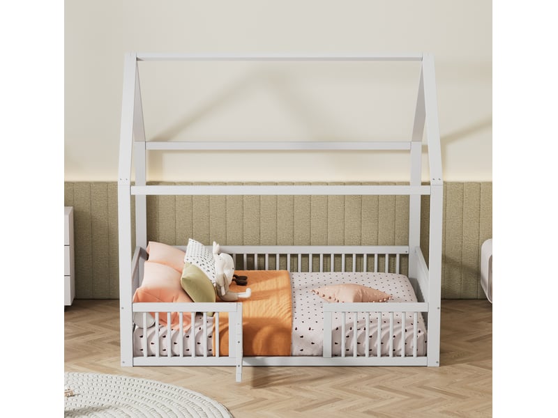 Lit cabane enfant, 140 × 200 cm, blanc, pin et mdf, structure cabane, porte intégrée, garde-corps, sommier à lattes, sans matelas - Conforama D