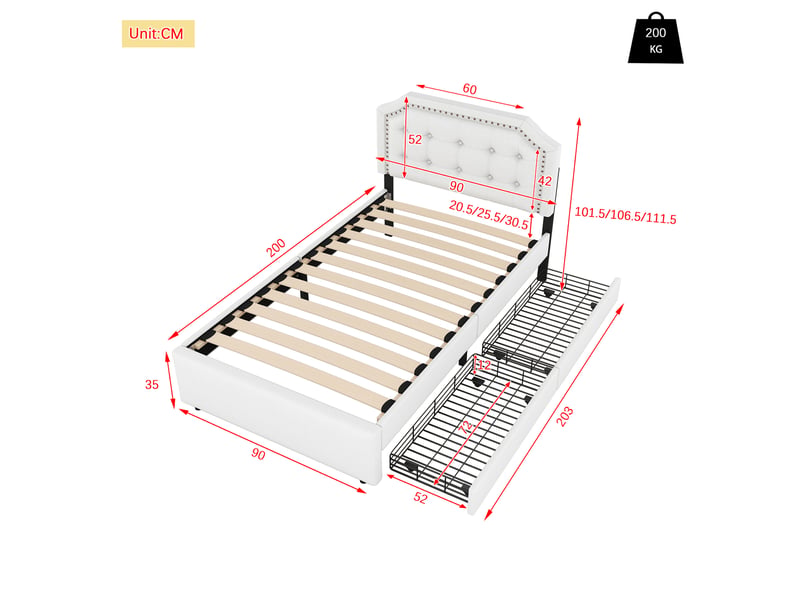  Lit rembourré beige clair 90x200 cm avec détails cloutés et 2 tiroirs de rangement  - Conforama C