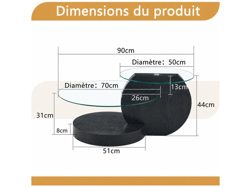  Table basse à plateaux superposés – mdf noir effet bois et verre transparent – 90 x 70 x 44 cm  - Conforama D