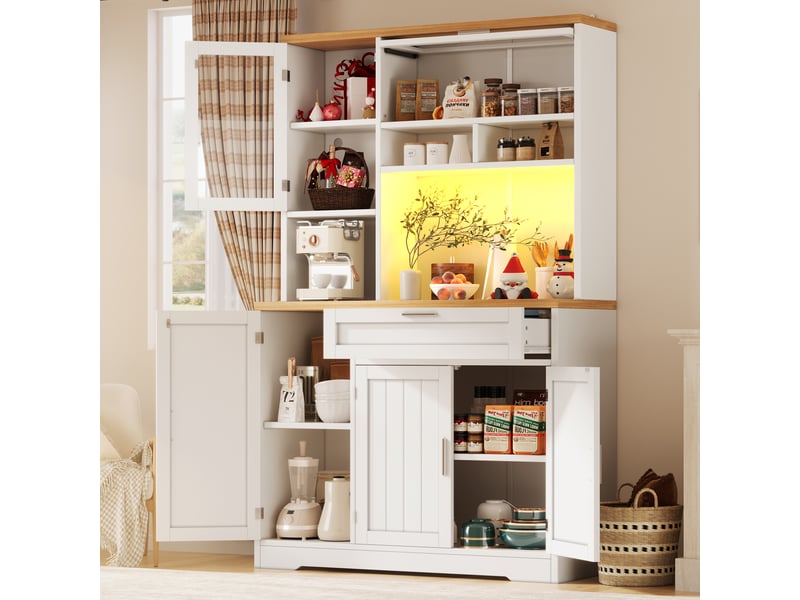 Buffet haut 104x40x180 cm avec vitrine led - armoire de cuisine moderne blanc et noir - Conforama C