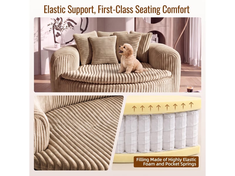  Fauteuil lounge avec bouts de canapé, fauteuils poire xxl avec 5 coussins en velours côtelé, camel + beige  - Conforama W