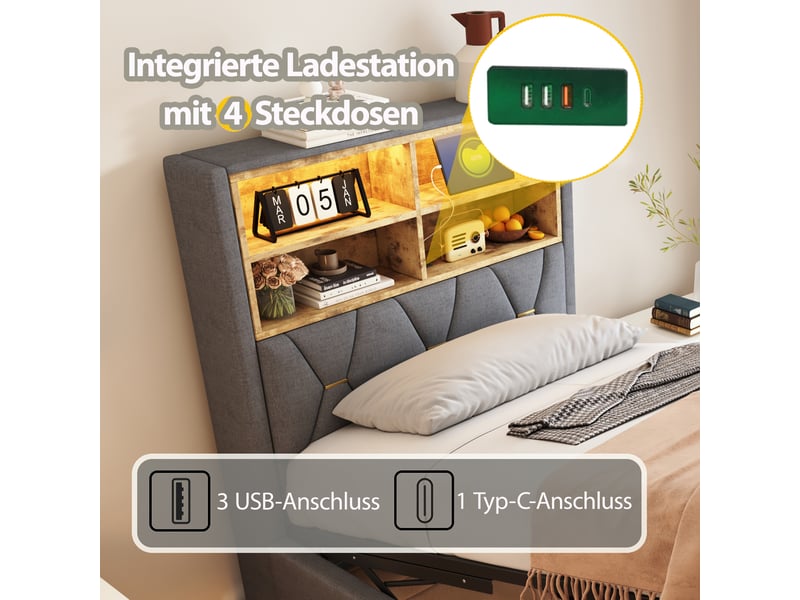  Lit enfant 90×200 cm avec rangement hydraulique, led contrôlée par application, usb, structure métal et lin gris  - Conforama C