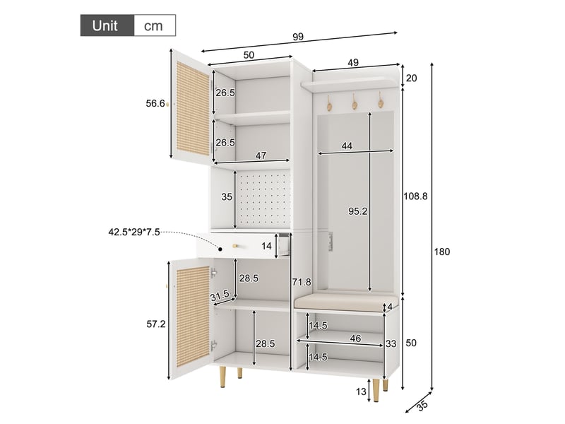  Portemanteau avec banc et rangement 99 x 180 cm en panneau de particules  - Conforama C